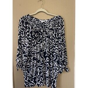 Susan Graver Printed Liquid Knit Smock-Neck 3/4-Sleeve Top Navy Size 2X